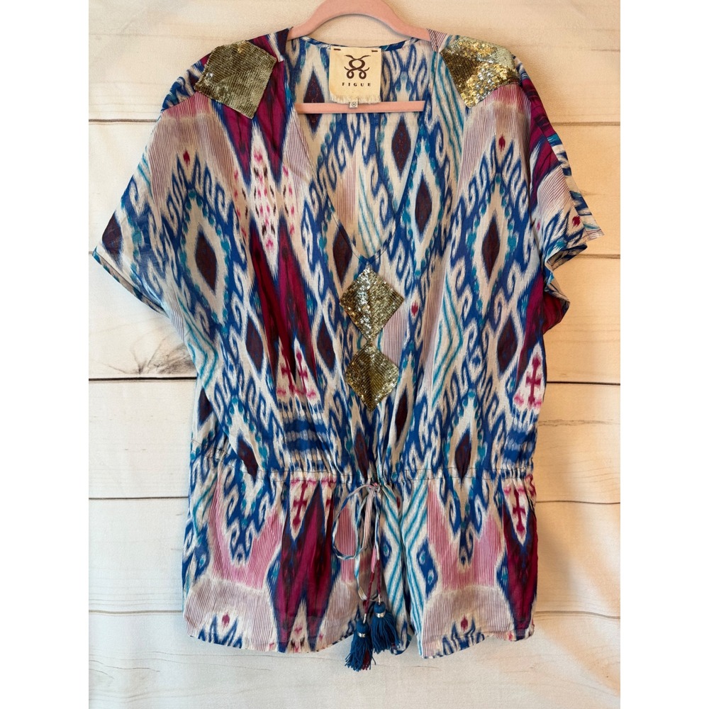 Figue Womens Ikat Print Cotton Sequin Tassel Tunic Top Blue Purple Medium